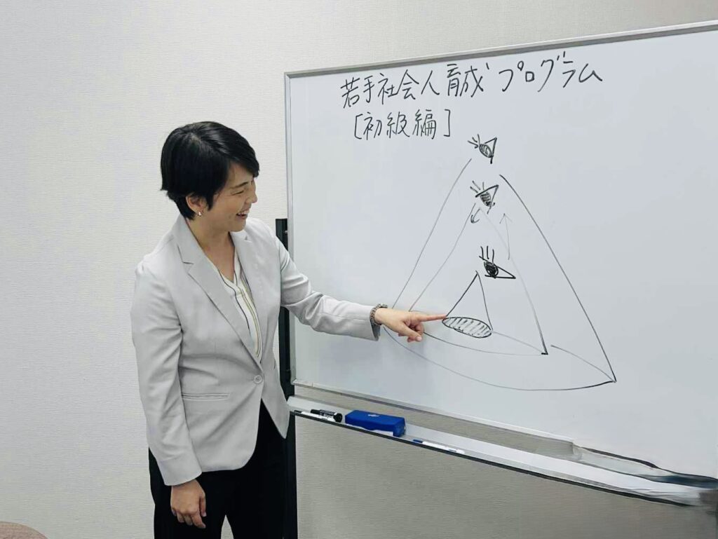 若手社会人研修・初級編で、ホワイトボードの図を指しながら説明する様子
